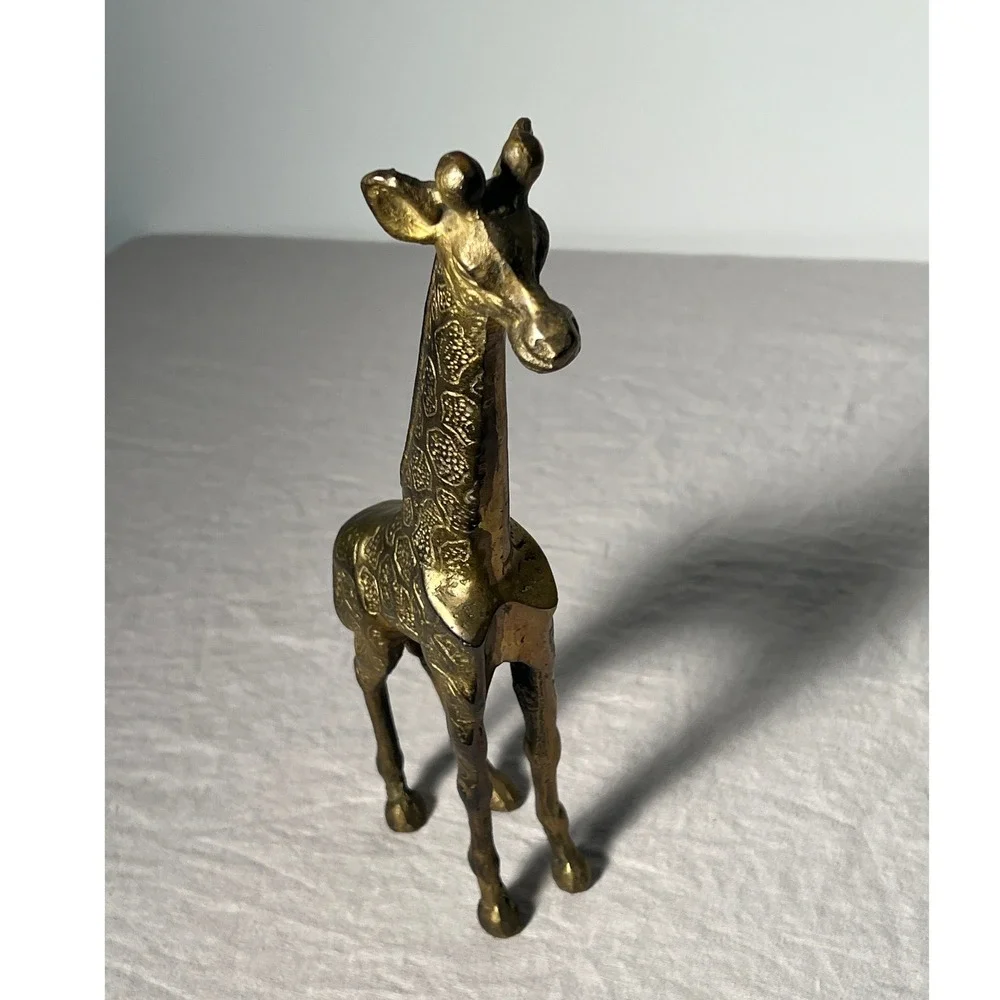 Vintage Brass Gold Giraffe Small Etched Metal Figurine Safari Maximalist Decor